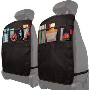imageLusso Gear Heavy Duty Kick Mats 2 Pk  Waterproof Back Seat Organizer  Sag Proof Car Seat Cover for Kids  Black Kick Mats Car Protector with 3 Reinforced Storage Pockets  Backseat ProtectorBlack with Red Stitching