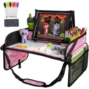 imageLusso Gear Lap Tray for Toddler and kids Table Tray for Travel Car Seat Airplane Desk Essential Accessories and Road Trip Activities Gray Pink Unicorns