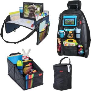 imageLusso Gear quotToddler Travel Time Bundle  BlueBlack  Kids Travel Tray Back Seat Organizer Car Seat Organizer Car Trash Can