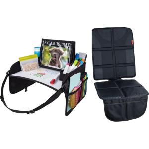 imageLusso Gear Kids Travel Tray with Dry Erase Board Black  Car Seat Protector Black Road Trip Essentials Kids NoDrop Tablet Holder Lap Desk Cup Holder Toddler Toy Storage Fits Airplane