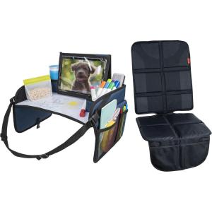 imageLusso Gear Kids Travel Tray with Dry Erase Board Blue  Car Seat Protector Black Road Trip Essentials Kids NoDrop Tablet Holder Lap Desk Cup Holder Toddler Toy Storage Fits Airplane